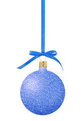 Blue Glitter Christmas decor ball on ribbon isolated on white ba