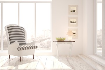 White room classic armchair. Scandinavian interior design
