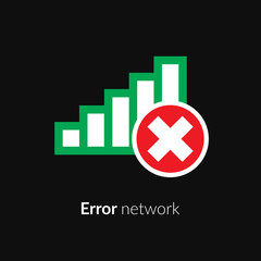 Error, wrong, incorrect, disconnect, bad antenna, not available, no signal stop symbol with network, connect, internet Wi-Fi, WLAN, green icon on black background for computer or mobile interface.