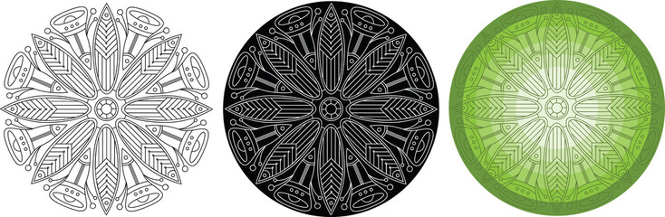 Pattern of flowers and leaves for coloring book. Round ornament