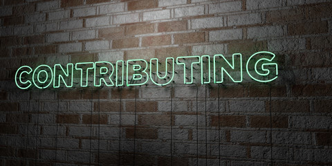 CONTRIBUTING - Glowing Neon Sign on stonework wall - 3D rendered royalty free stock illustration.  Can be used for online banner ads and direct mailers..