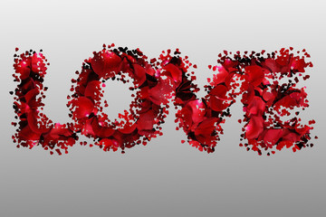 romantic red rose petals set in word love, valentine day holiday concept