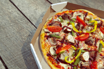 pizza on wooden table
