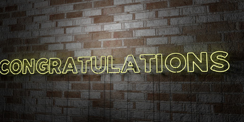 CONGRATULATIONS - Glowing Neon Sign on stonework wall - 3D rendered royalty free stock illustration.  Can be used for online banner ads and direct mailers..