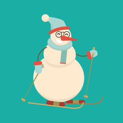 Christmas snowman skiing with sticks. Cute cartoon cheerful and