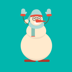 Christmas snowman standing with his hands up. Cute cartoon cheer