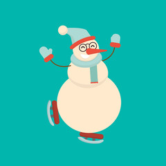 Christmas snowman skating and dancing. Cute cartoon cheerful and
