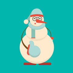 Christmas snowman standing with his thumb up. Cute cartoon cheer