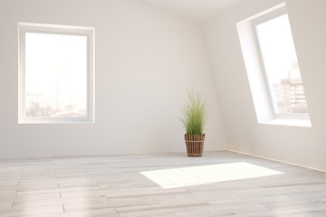 White empty room with urban landscape in window. Scandinavian interior design