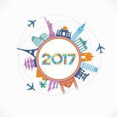 2017 travel and tourism background. Colorful template with icons and tourism landmarks. Creative happy new year 2017 design. New Year background.  File is saved in 10 EPS version.