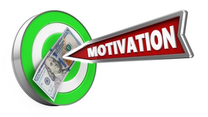 3d illustration of green target with motivation arrow and 100 dollars over white background