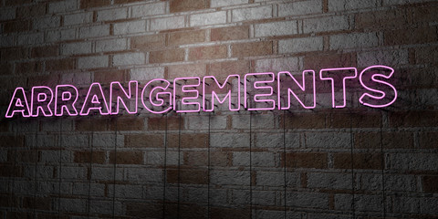 ARRANGEMENTS - Glowing Neon Sign on stonework wall - 3D rendered royalty free stock illustration.  Can be used for online banner ads and direct mailers..