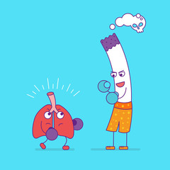 Healthy lungs boxing with cigarette cartoon character in flat li