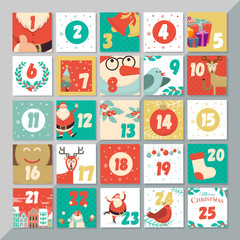 Christmas advent calendar template. Vector xmas greeting card la