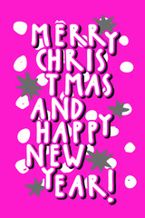 Merry Christmas and Happy New Year. Happy Holidays vintage hand drawn greeting card on dotted pink background with stars. Gift tag, postcard, poster. Modern calligraphy artwork