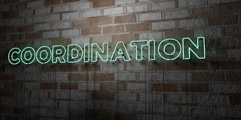 COORDINATION - Glowing Neon Sign on stonework wall - 3D rendered royalty free stock illustration.  Can be used for online banner ads and direct mailers..