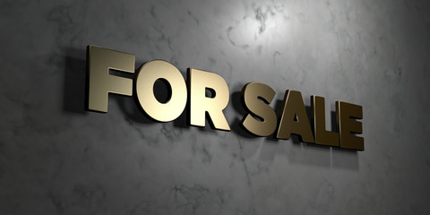 For sale - Gold sign mounted on glossy marble wall  - 3D rendered royalty free stock illustration. This image can be used for an online website banner ad or a print postcard.
