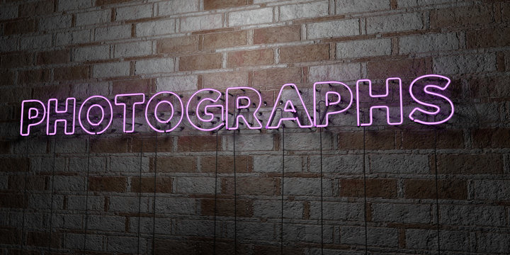 PHOTOGRAPHS - Glowing Neon Sign on stonework wall - 3D rendered royalty free stock illustration.  Can be used for online banner ads and direct mailers..