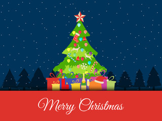 Christmas background with decorated Christmas tree, presents and Christmas symbols. Vector illustrations.