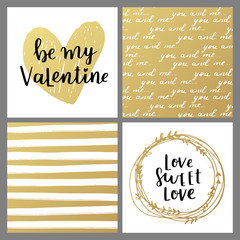 Set of greeting cards for Valentine's Day. Vector collection with brush lettering and hand written elements. White and gold color labels for your design and invitation.