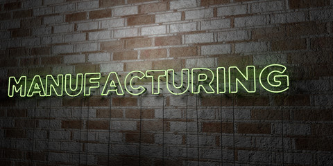 MANUFACTURING - Glowing Neon Sign on stonework wall - 3D rendered royalty free stock illustration.  Can be used for online banner ads and direct mailers..