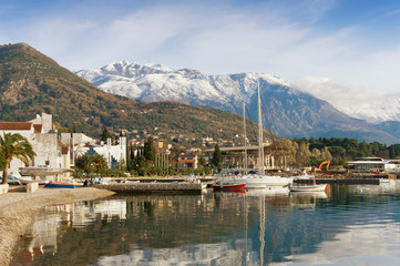 Fototapeta na wymiar View of Lovcen mountain from Tivat city. Montenegro, winter