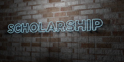 SCHOLARSHIP - Glowing Neon Sign on stonework wall - 3D rendered royalty free stock illustration.  Can be used for online banner ads and direct mailers..