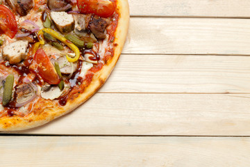 Delicious italian pizza served on wooden table