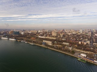 Fototapeta na wymiar Waterfront, ambarkment of right bank of river Don. Aerial view.