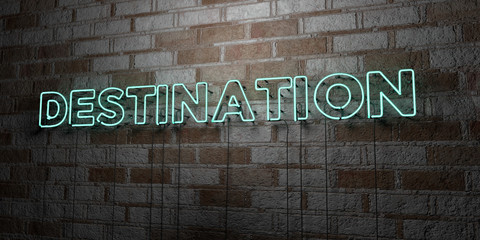 DESTINATION - Glowing Neon Sign on stonework wall - 3D rendered royalty free stock illustration.  Can be used for online banner ads and direct mailers..