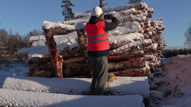 Lumberjack take pictures on phone near pile of logs in winter