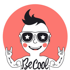 Vector illustration with stylish baby in sunglasses. Boy, arrows and text