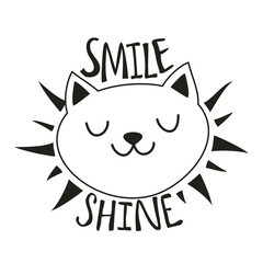 Funny vector illustration with cat head. Smile Shine