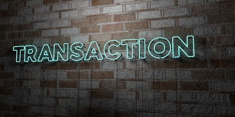 TRANSACTION - Glowing Neon Sign on stonework wall - 3D rendered royalty free stock illustration.  Can be used for online banner ads and direct mailers..