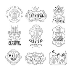 Set Of Hand Drawn Monochrome Mardi Gras Event Promotion Signs In Pencil Sketch Style With Calligraphic Text And Detailed Vintage Frames © topvectors