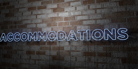 ACCOMMODATIONS - Glowing Neon Sign on stonework wall - 3D rendered royalty free stock illustration.  Can be used for online banner ads and direct mailers..