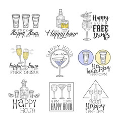 Cocktail Bar Happy Hour Promotion Sign Design Template Collection Of Hand Drawn Hipster Sketches With Different Drinks And Glasses - obrazy, fototapety, plakaty