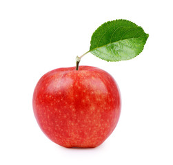 Red ripe apple with leaf isolated on white background