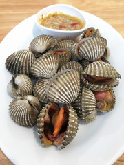 Fresh raw cockle shell sea food with spicy sauce