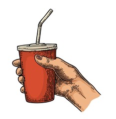 Female hand holding paper red cup cola with straws, cap.