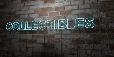 Fototapeta premium COLLECTIBLES - Glowing Neon Sign on stonework wall - 3D rendered royalty free stock illustration. Can be used for online banner ads and direct mailers..