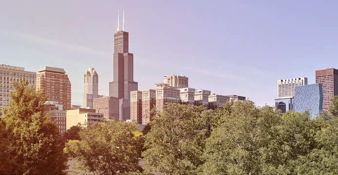 Retro old film stylized photo of Chicago city downtown skyline, USA.