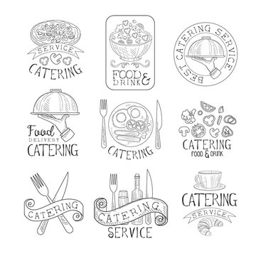 Best Quality Catering Service Set Of Hand Drawn Black And White Sign Design Templates With Calligraphic Text
