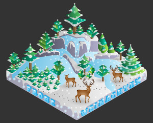 Vector illustration of decorated forest on Christmas Eve shown in isometric view with german translated merry christmas as frohe weinachten.
