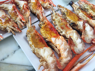 Cutting half shrimp burn sea food.