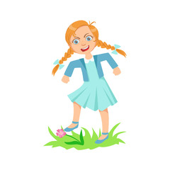 Girl Walking On Lawn Grass Breaking Flowers Teenage Bully Demonstrating Mischievous Uncontrollable Delinquent Behavior Cartoon Illustration