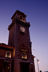 Naklejka premium Trieste, Italy - tower of the old Aquarium at night time