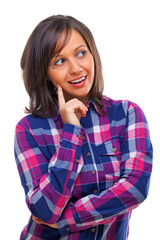 Young woman looking away isolated on white background, close up,