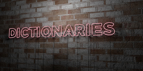 DICTIONARIES - Glowing Neon Sign on stonework wall - 3D rendered royalty free stock illustration.  Can be used for online banner ads and direct mailers..