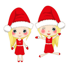 Merry Christmas with Cute Santa Girl Jumping. Pompom Hat and Outfit Santa Claus Costume. Beautiful Young Woman Vector. Illustration isolated on White Background.